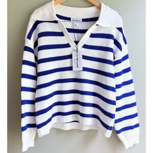 For The Republic Collared Rib Knit Sweater Blue White Rugby Stripe Nautical L